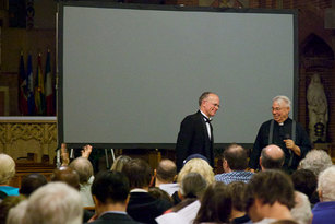 Fr. Michael Perry, Pastor of Our Lady of Refuge introducing Todd Wilson before he accompanied the Phantom of the Opera at Our Lady of Refuge Church.
